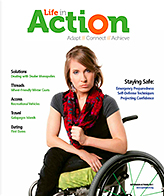 Live in Action cover September, October 2011.  A young female wheelchair user sitting in a manual wheelchair.  She is leaning and looking forward with a serious look on her face.