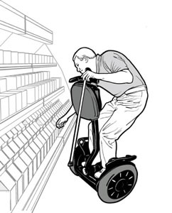 Drawing of a man using a Segway reaching for an item in a grocery store cooler