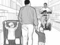 Drawing of a man with two small children and a man using a Segway passing in a store aisle