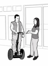 Drawing of a store employee having a conversation with a man using a Segway
