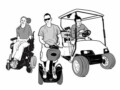 Drawing of a woman in a power wheelchair, a man on a Segway and a man sitting in a golf car