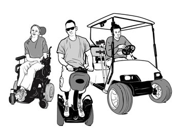 Drawing of a woman in a power wheelchair, a man on a Segway and a man sitting in a golf car